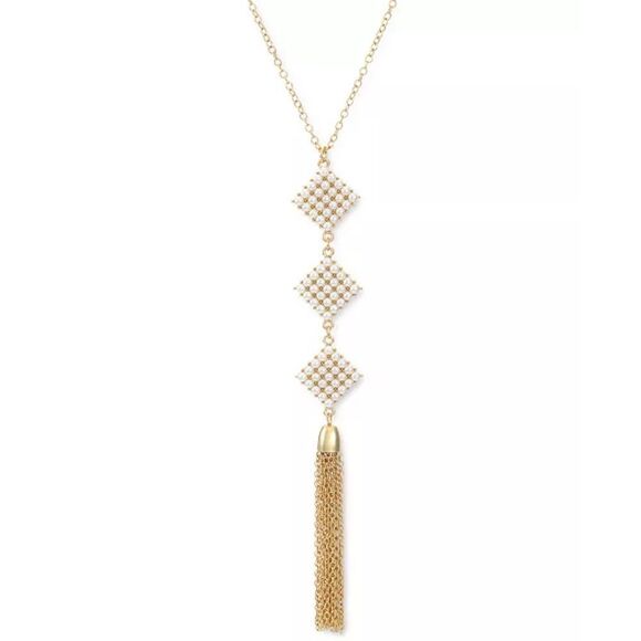 INC Gold-Tone Imitation Pearl Diamond Long Pendant Tassel Necklace 32" + 3" NWT - Picture 1 of 3